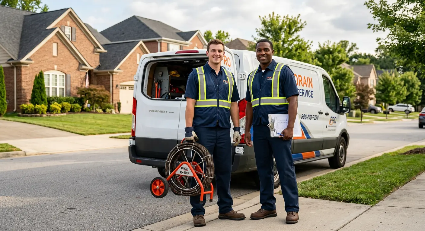 Sewer and drain service team with equipment ready for work in Manheim