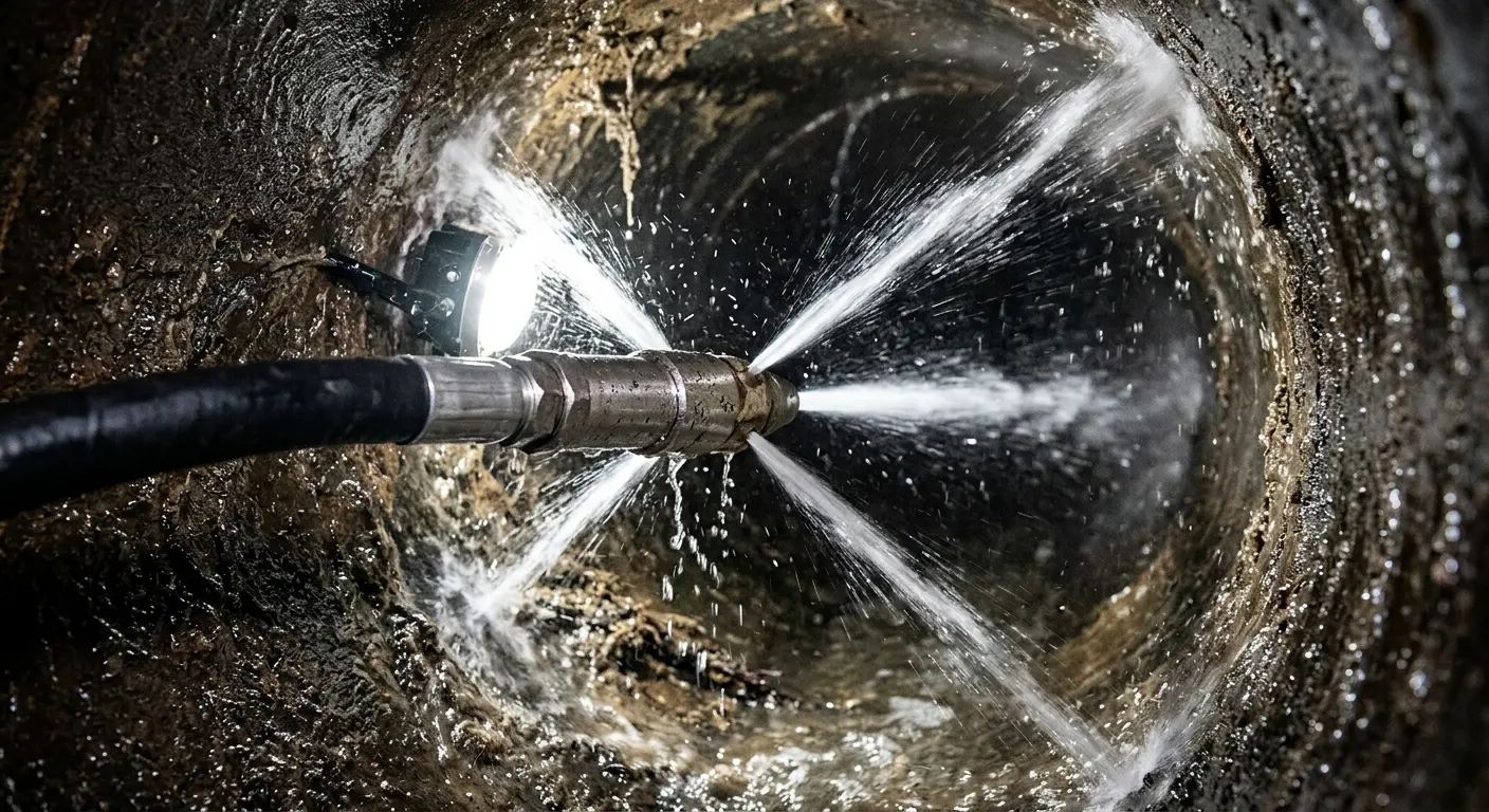 High-pressure hydro jetting nozzle cleaning sewer pipe for Emergency Drain Service in Manheim