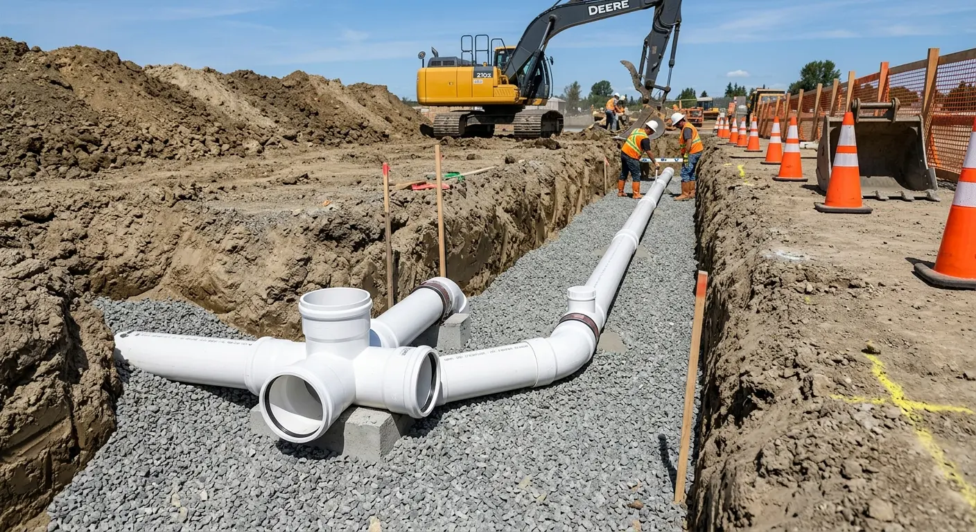 New PVC sewer pipe installation in open trench for Commercial Drain Cleaning in Manheim