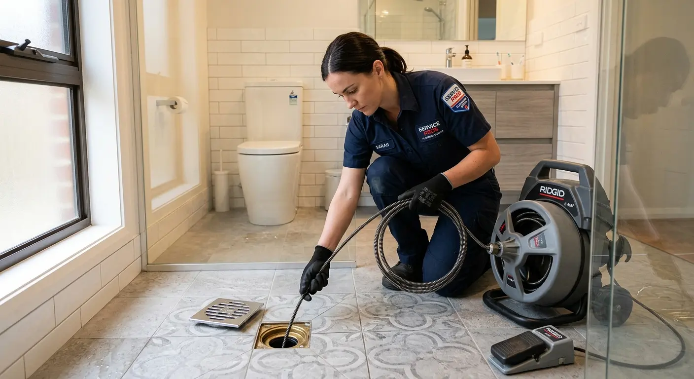 Technician clearing a bathroom floor drain for Clogged Drain Repair in Manheim